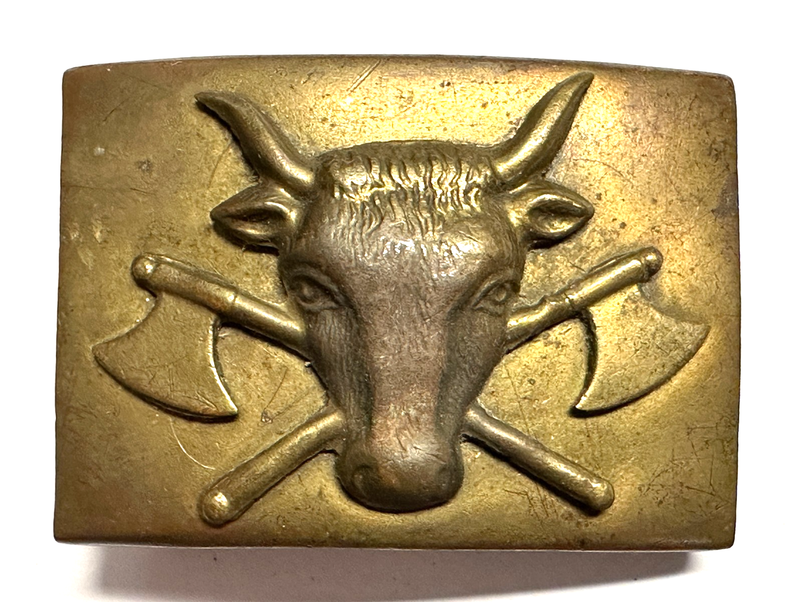 Metzger Zunft Gürtelschnalle um 1900/30 – Messing - Ochsenkopf gekreuzten Beile0