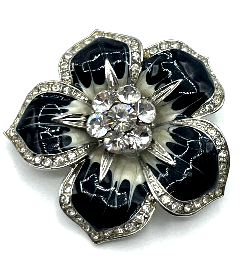 Vintage groß Strass + Emaille glamourös Blüte Brosche Anstecknadel Handarbeit2