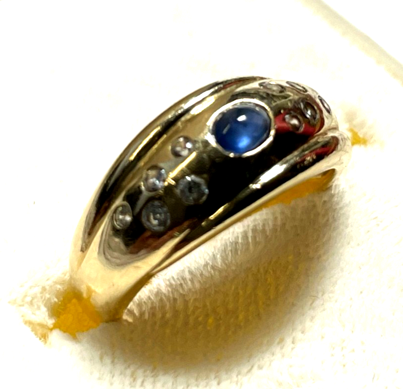 585 Gold 14 K Ring mit Saphir Cabochon + 10 Brillanten RG 52 Ø16,6 mm sehr gepfl1