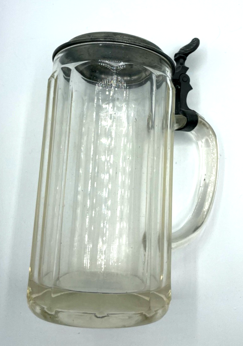 Antik dekorativ Pressglas Bierkrug 1 Liter mit Zinndeckel um 1900 Dachbodenfund6
