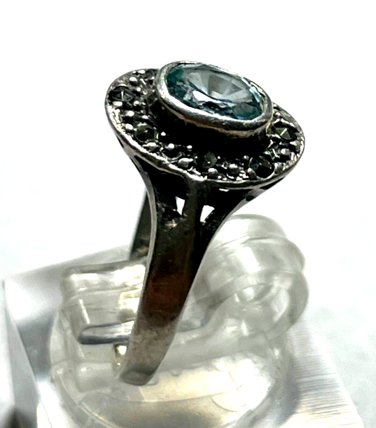 Antik 925 Silber Ring aquamarin farbig wasserblau Spinell 30erJ RG 50 Ø 15,9 mm2