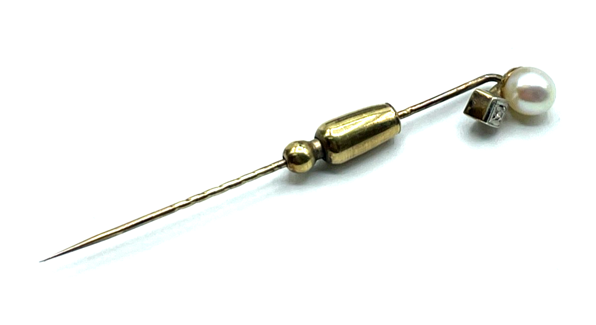 Antik 585 Gold 14 K Gold Reversnadel echte Perle + Achtkant Altschliff Diamant2