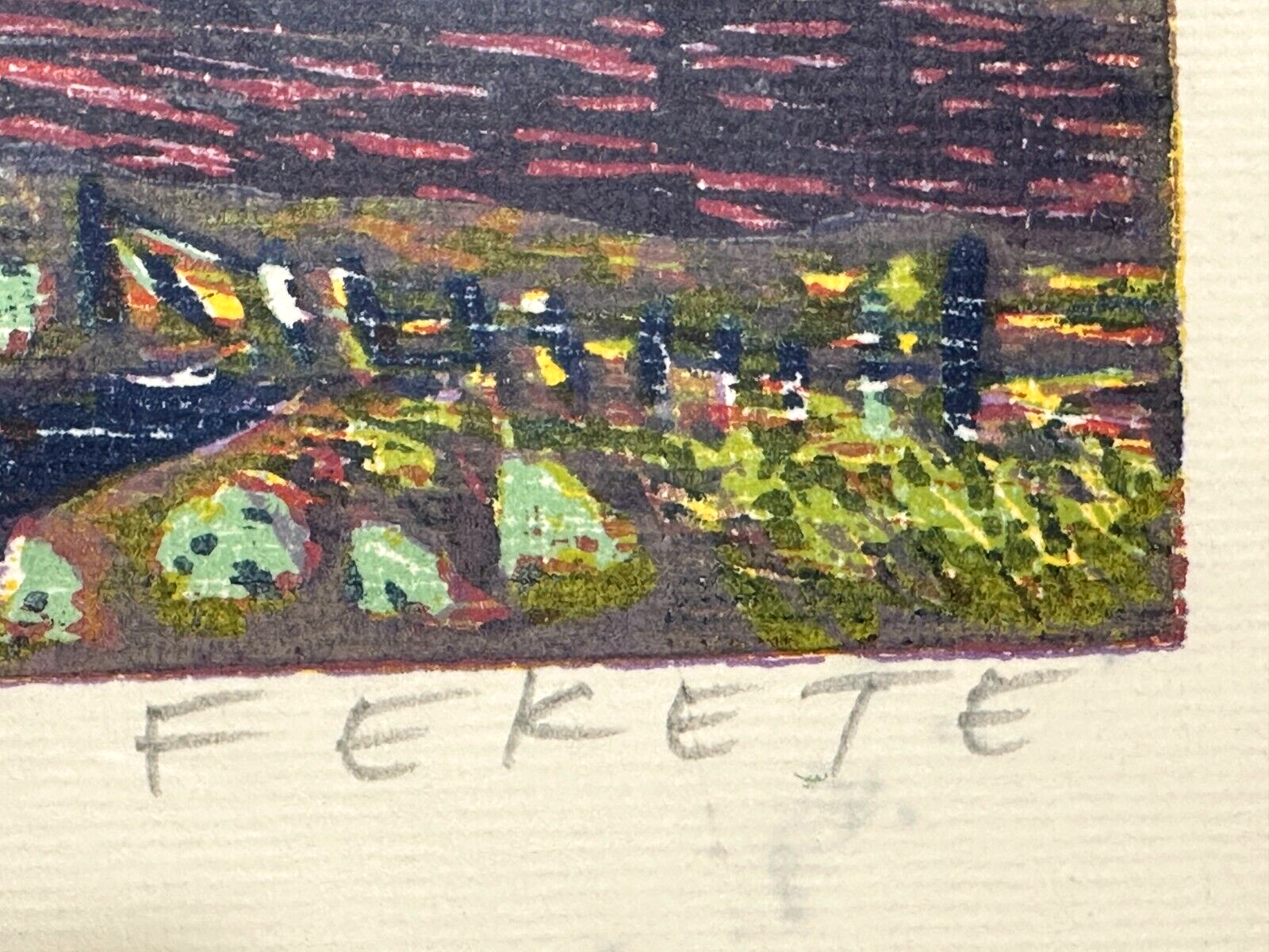 Esteban Fekete 1924-2009 - farbiger Holzschnitt Woodcut - Landschaft - sign.7