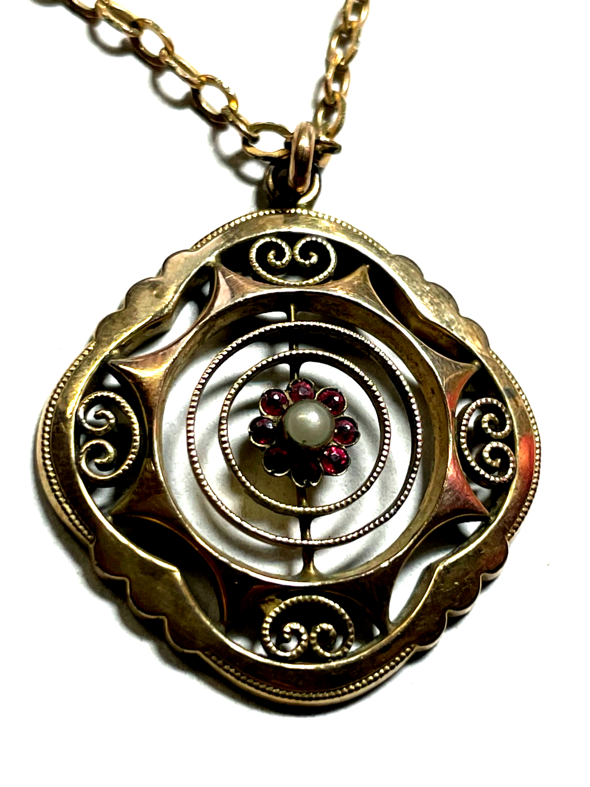 Jugendstil Anhänger mit Kette Rotgold farbig Golddouble Farbsteinchen Perle gepf1