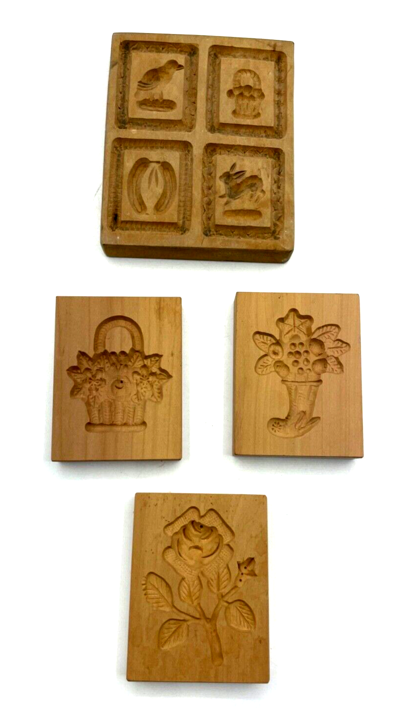 4x kl. Holzmodel Springerle Model Backmodel Holz Handarbeit diverse Motive Rose0