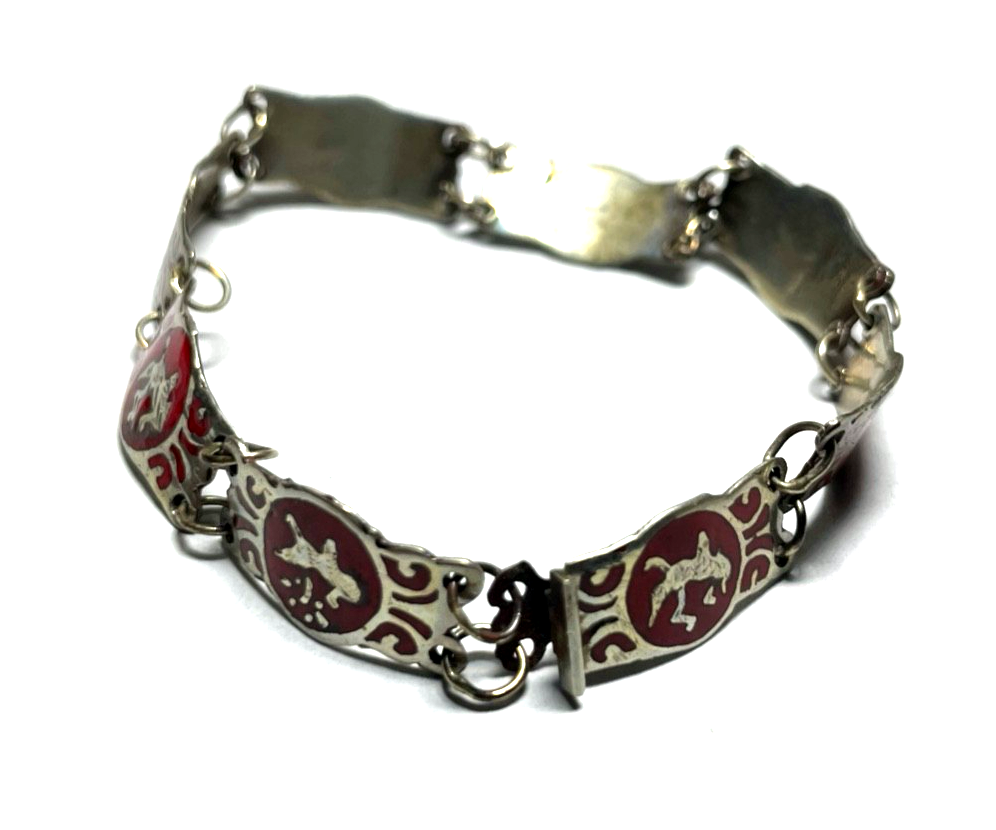Vintage Siam Sterling Armband rote Emaille Technik feines Dekor gepfl. L 16 cm1