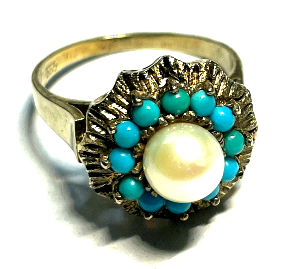 Vintage Design 333 Gold 8 K Ring Akoya Perle + Türkis Ø 18,4 mm RG 58 Juwelier0