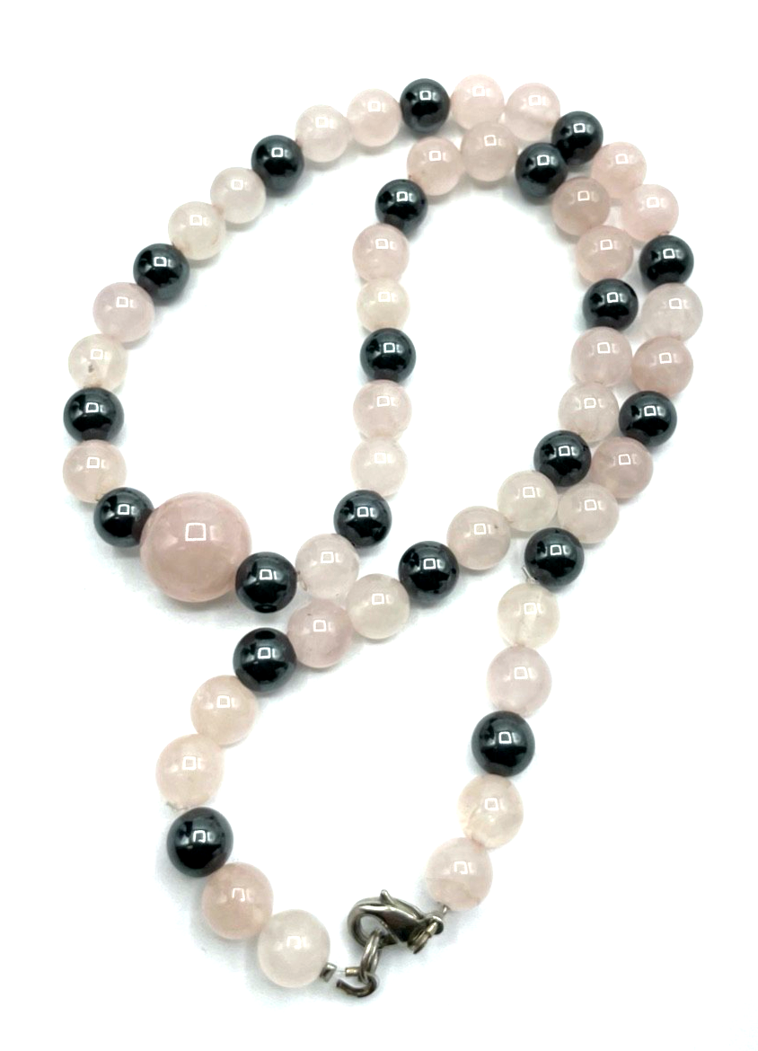 Vintage Rosenquarz + Hämatit Perlen im Mix Halskette L 50 cm sehr gepflegt4