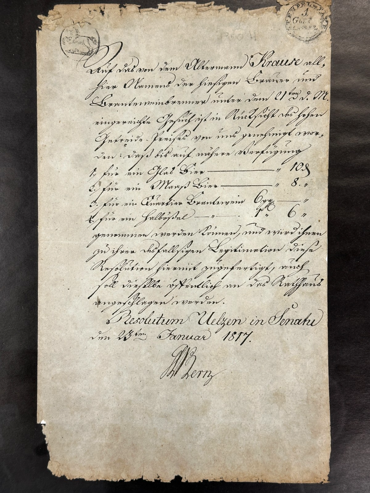 Uelzen 1817 – Amtl. Resolutum - Preisverordnung Bier/Brandwein Stempelpapier1