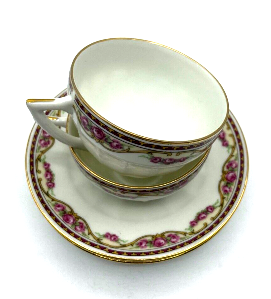 2x antik Porzellan Tasse + Unterteller Lamotte France Motiv Rose Ranke 30erJ rar9