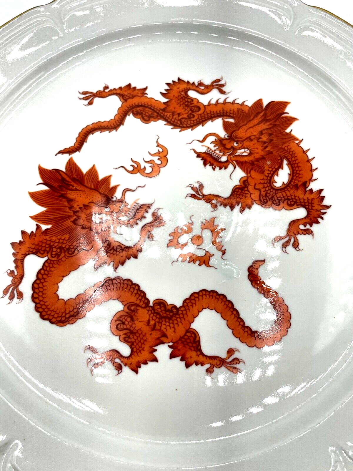 Vintage PGH Porzellan Teller roter Drache handgemalt Goldrand Ø 28,5 cm gepflegt4