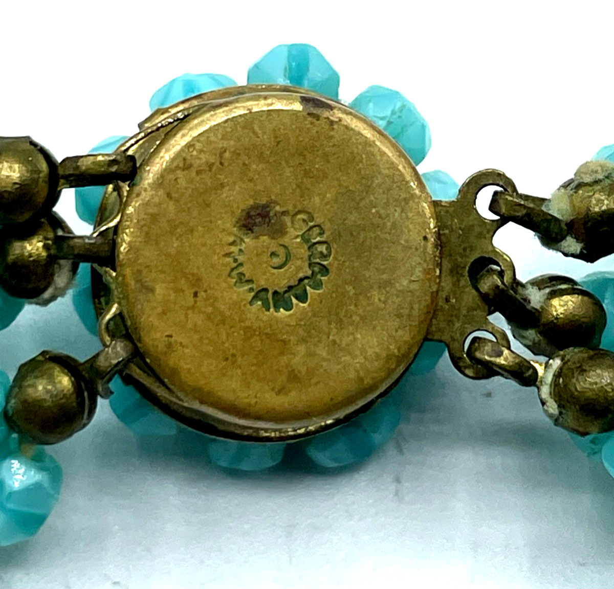 Antik 6 strängig Glaskette türkis farbige geschliffene Glasperlen Collier 50erJ4
