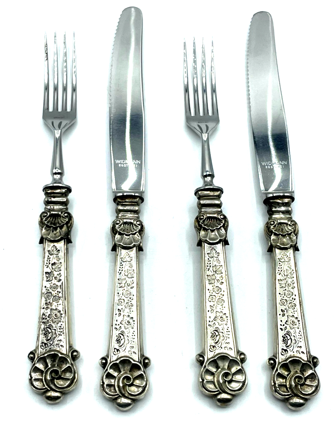 Antik 2 Gabel + 2 Messer mit Silber Griff wunderschönes Renaissance Dekor gepfl.1