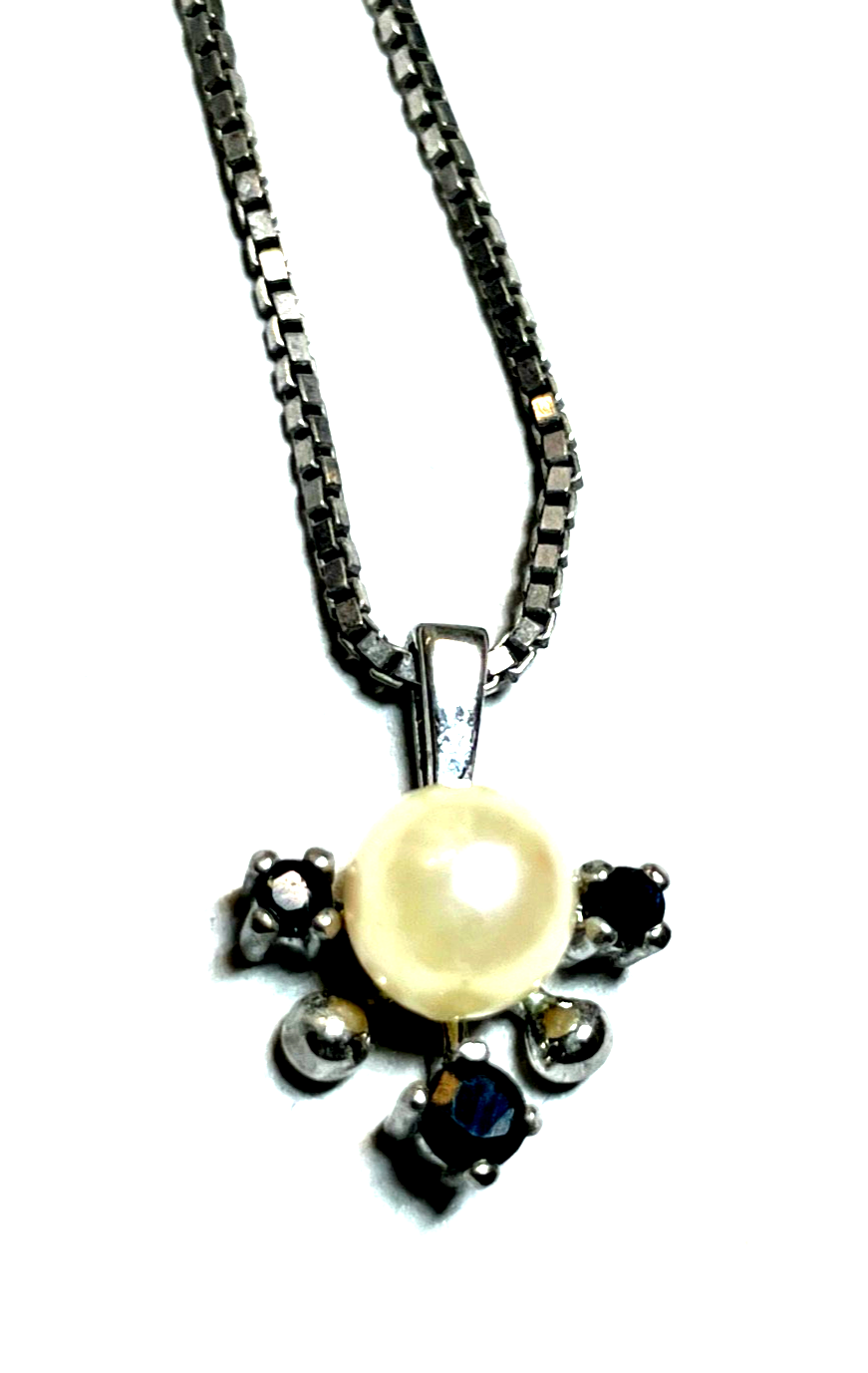 925 Silber Venezianer Kette 42 cm mit elegantem Anhänger 1 Akoya Perle 3x Saphir1
