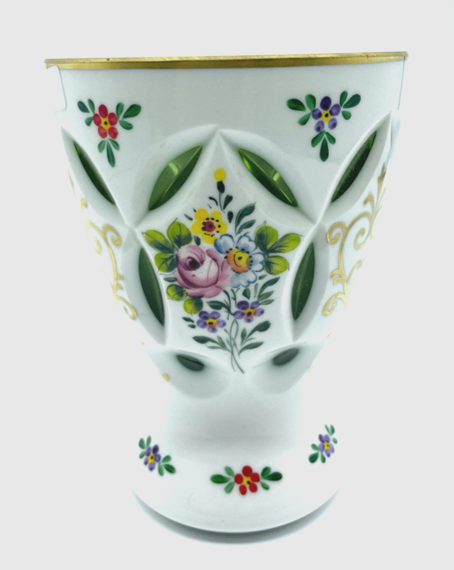 Vintage Pokal Überfang Glas Becher handbemalt Ranftbecher Blumen Gold Dekor1