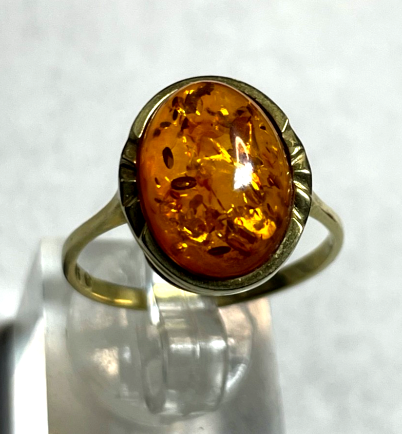Vintage wunderschöner 375 Gold 9K Ring Bernstein Cabochon Ø 19 mm RG 60 Juwelier3