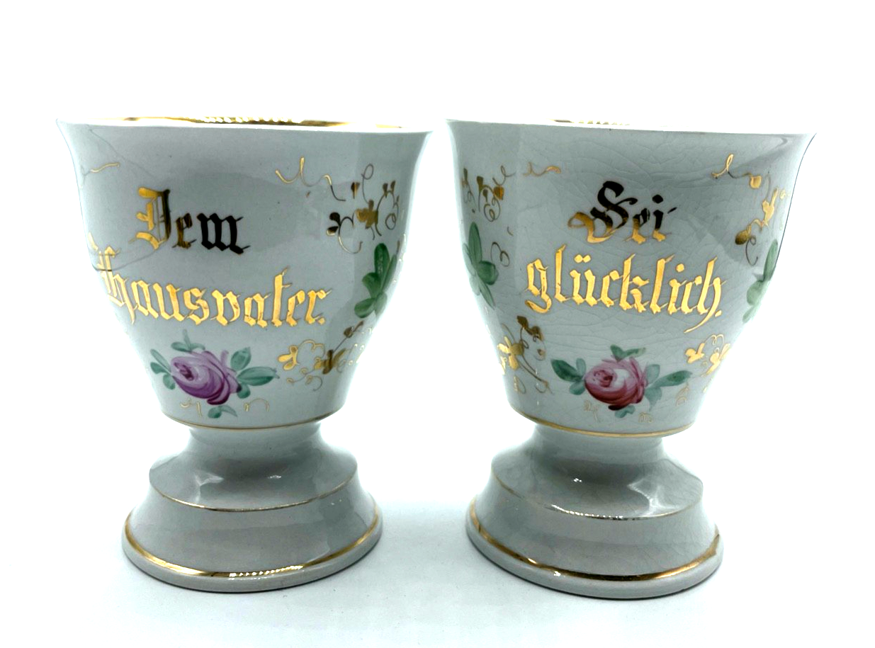 2 antik Sarreguemines Keramik Kakaobecher Andenken Becher Rosen Dekor Spruch1