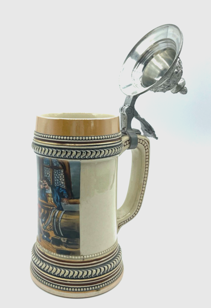 Antik Steinzeug Bierkrug Krug Zinn Deckel handbemalt Wirtshaus 0,4 Ltr. um 19008