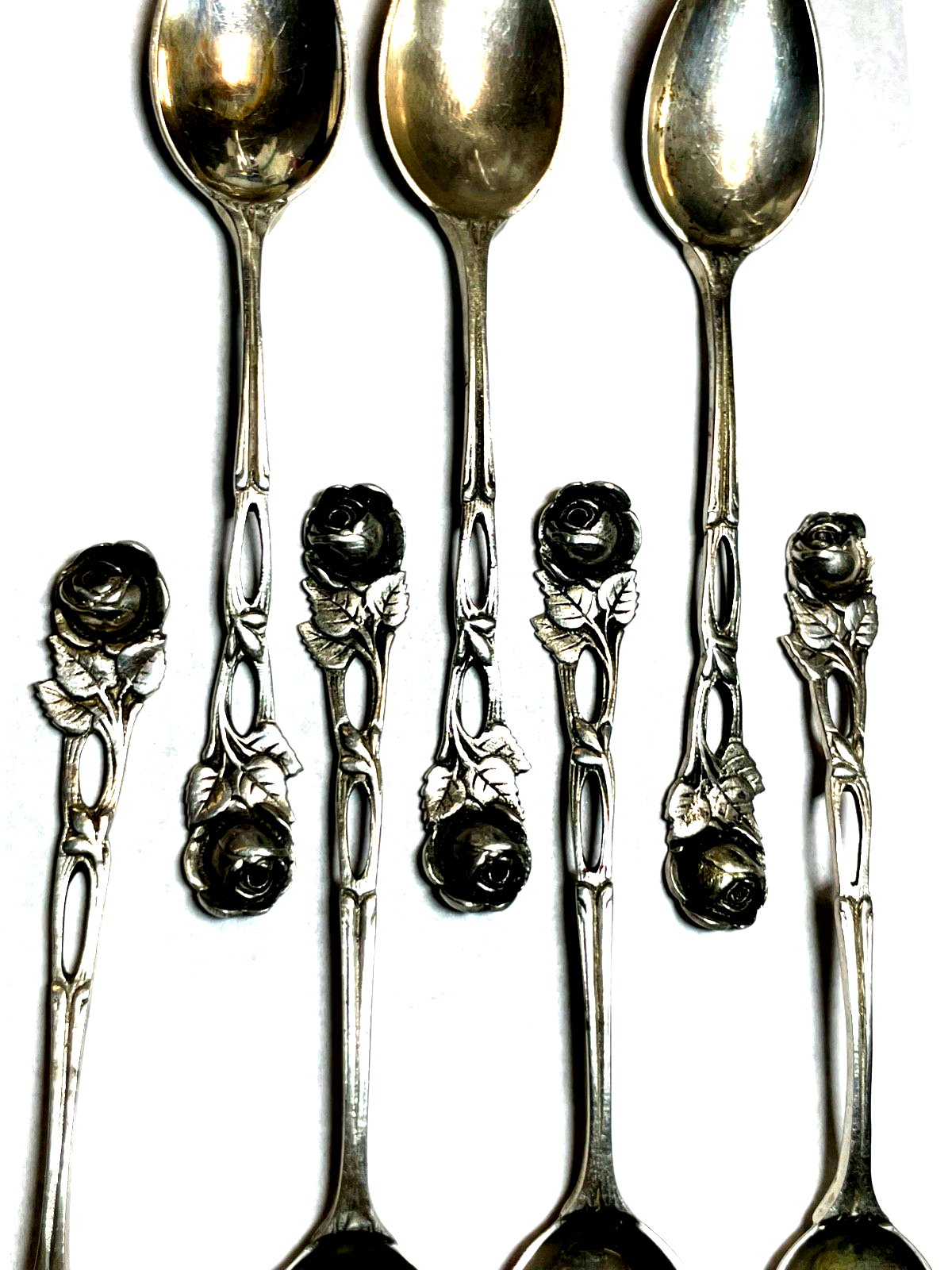 6 antik 800 Silber Löffel + 1 Zuckerlöffel Rosen Dekor Hildesheimer Rose1