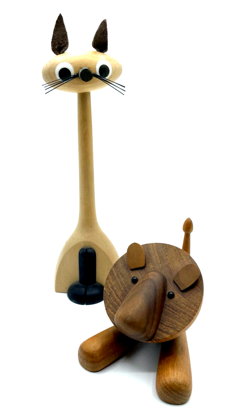 2x vintage Holzspielzeug Katze + Löwe Teakholz Handarbeit Skandinavien Design ?0