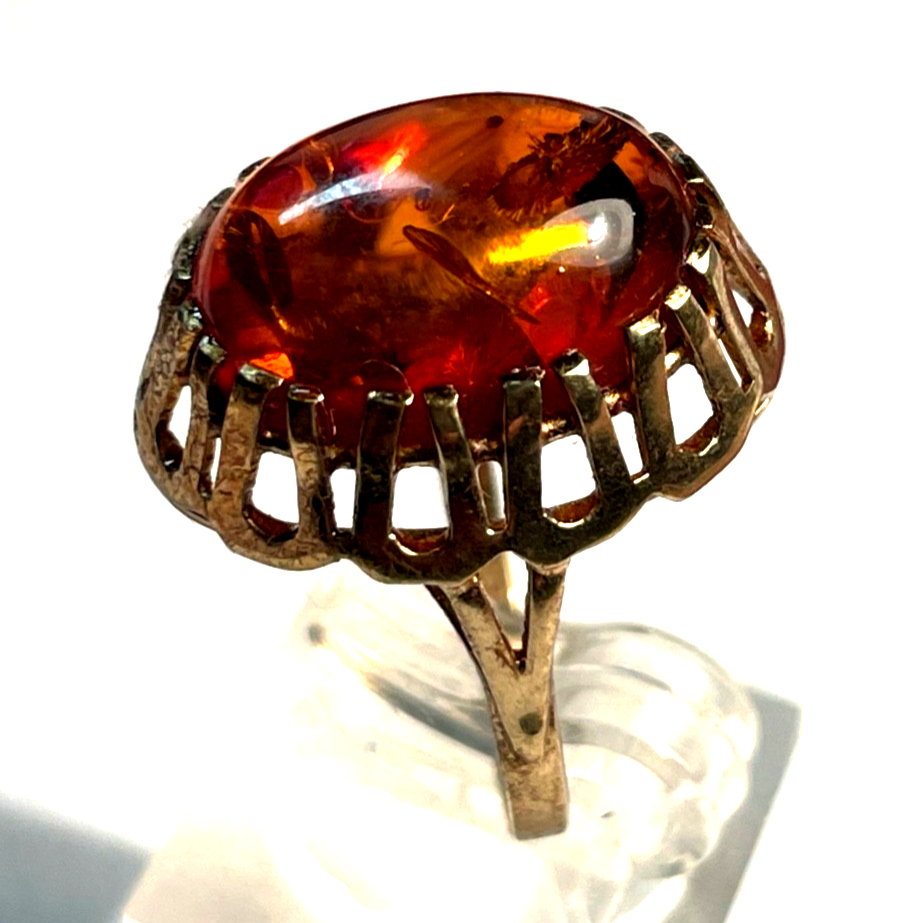 Vintage 333 Gold 8 K Ring Bernstein Cabochon Etagen Fassung Ø 17 mm RG 545