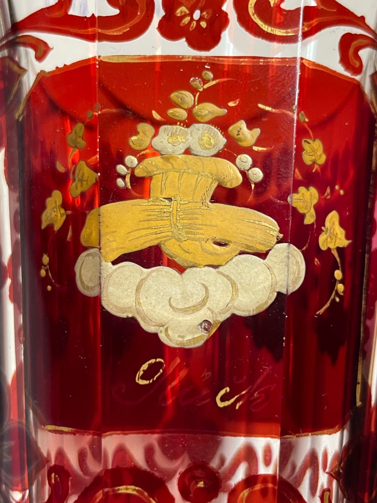 Biedermeier Pokal Überfang Glas Becher Ranftbecher handbemalt + Gold Dekor5
