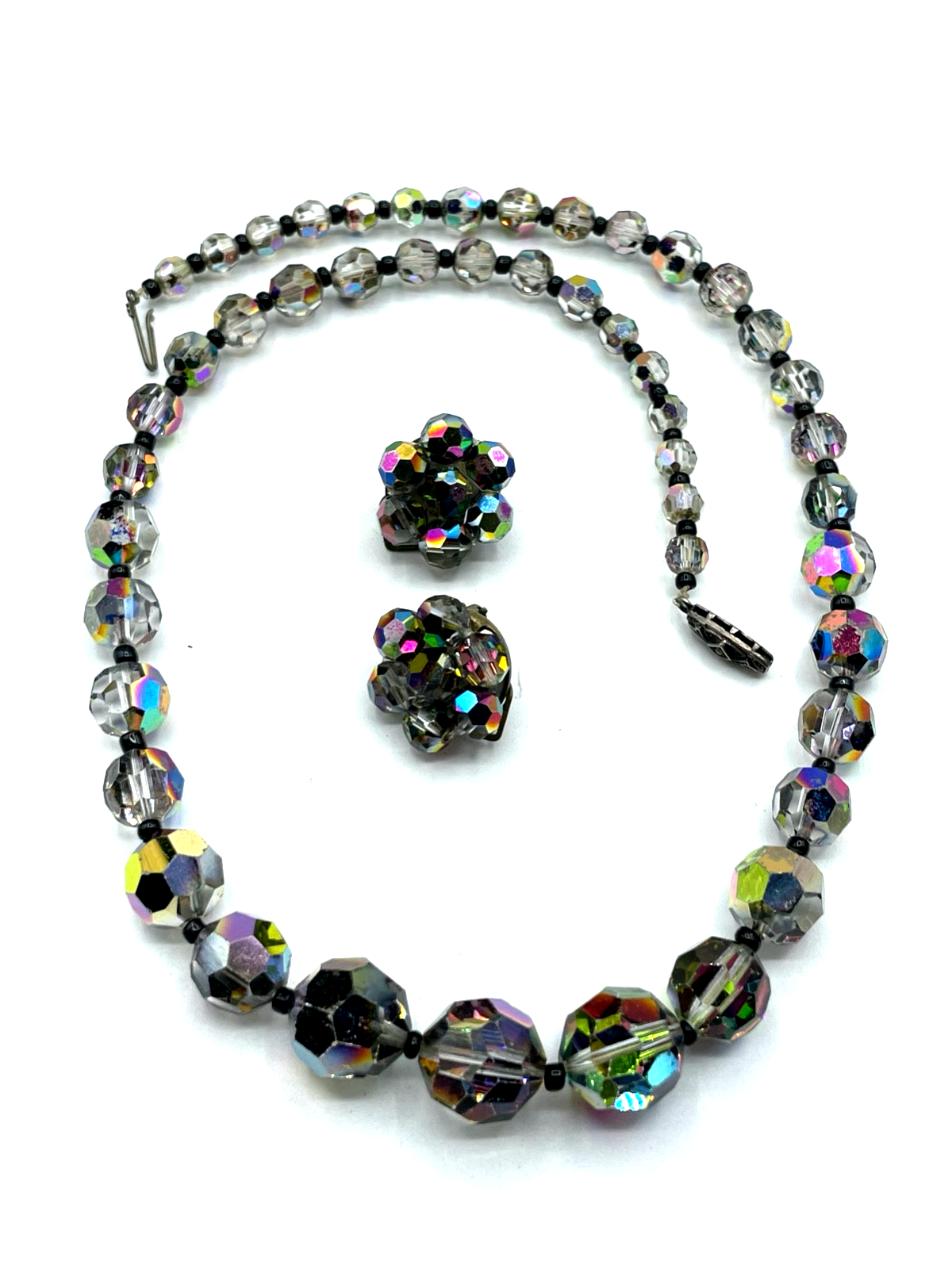 Antik Aurora Borealis Kristall Set Halskette + Clips Ohrclips original 50erJ8