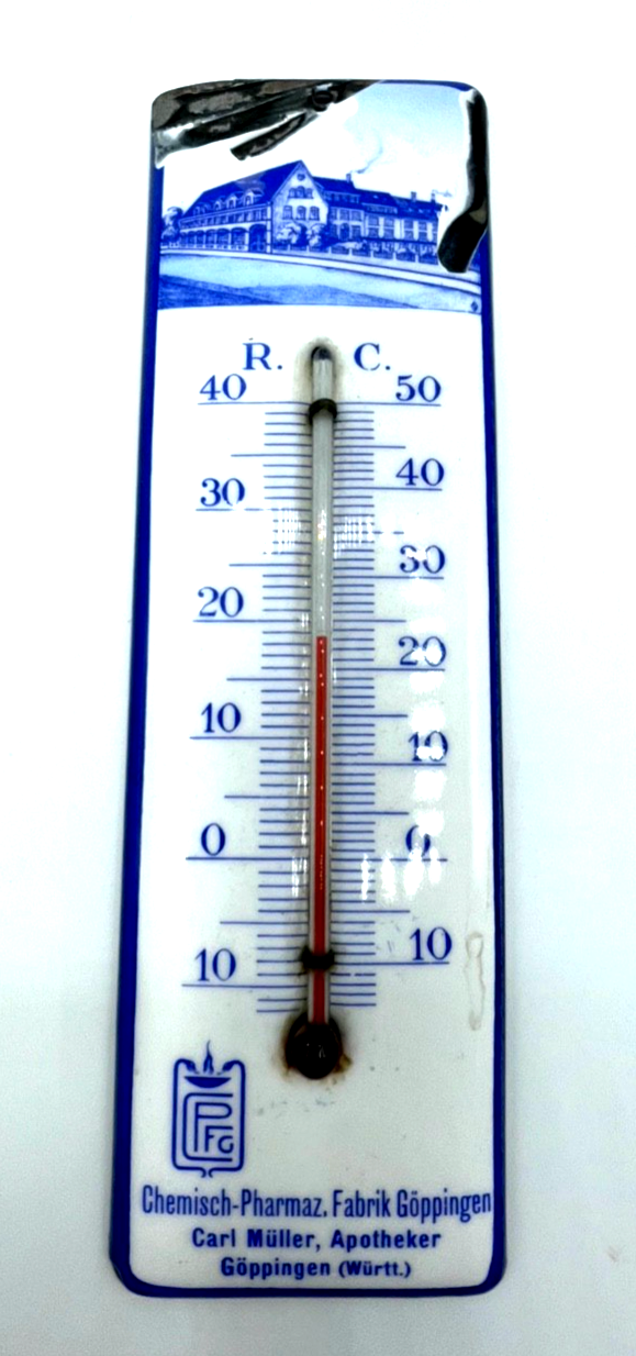 Antik Emaille Thermometer mit Pharma Werbung Göppingen um 1900 Emailware rar !!!1