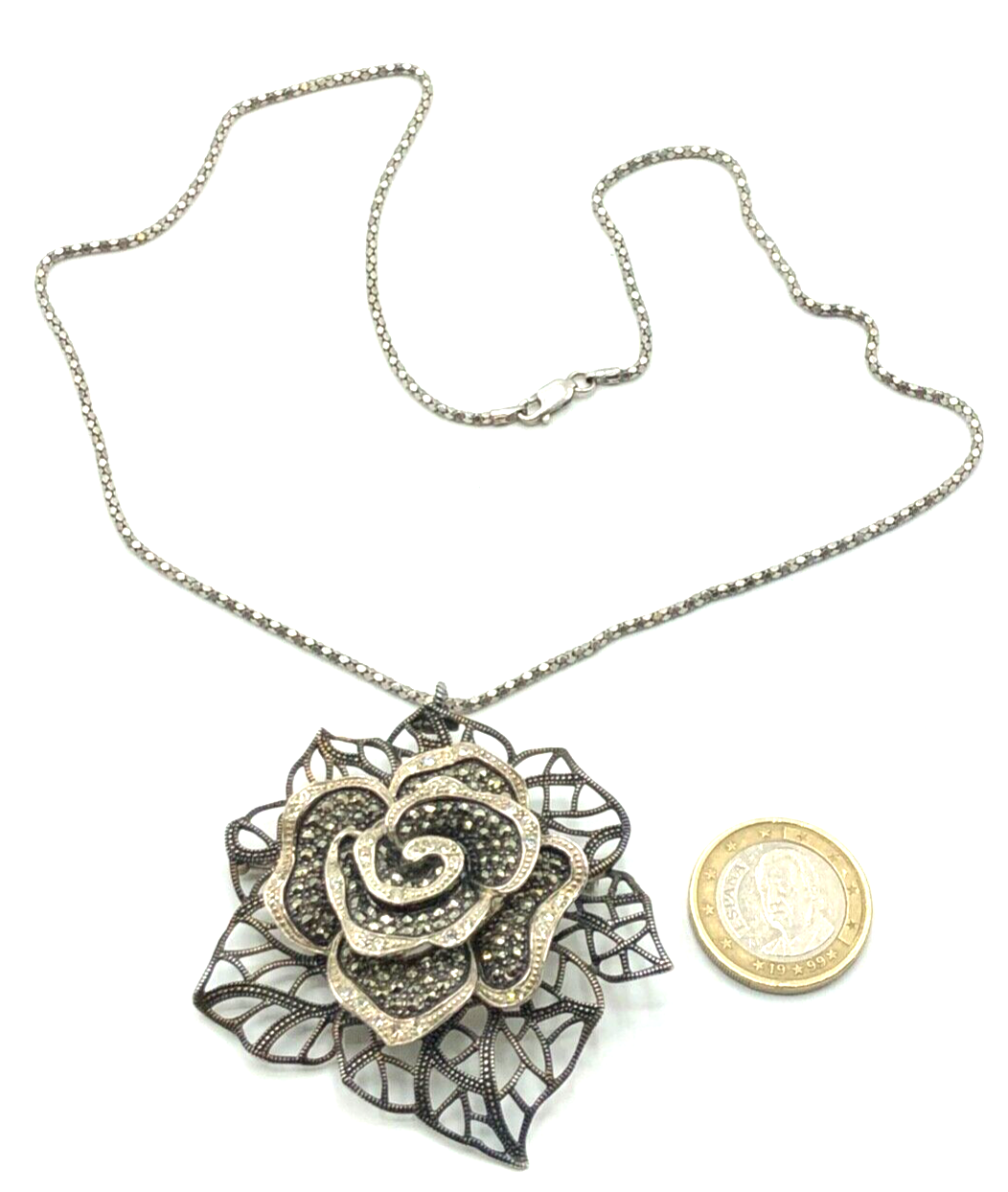 Mega TJM 925 Silber Anhänger Brosche Rose Markasiten Zirkonia + Kette Handarbeit0