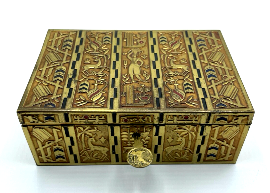 Art Déco Erhard & Söhne Schatulle Box Messing farbig mit Schlüssel orig. 30er J1
