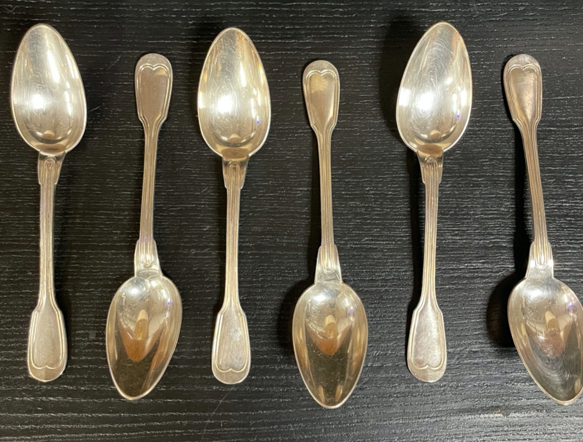 6 antike und versilberte Christofle Kaffeelöffel Model Chinon sehr gepflegt0