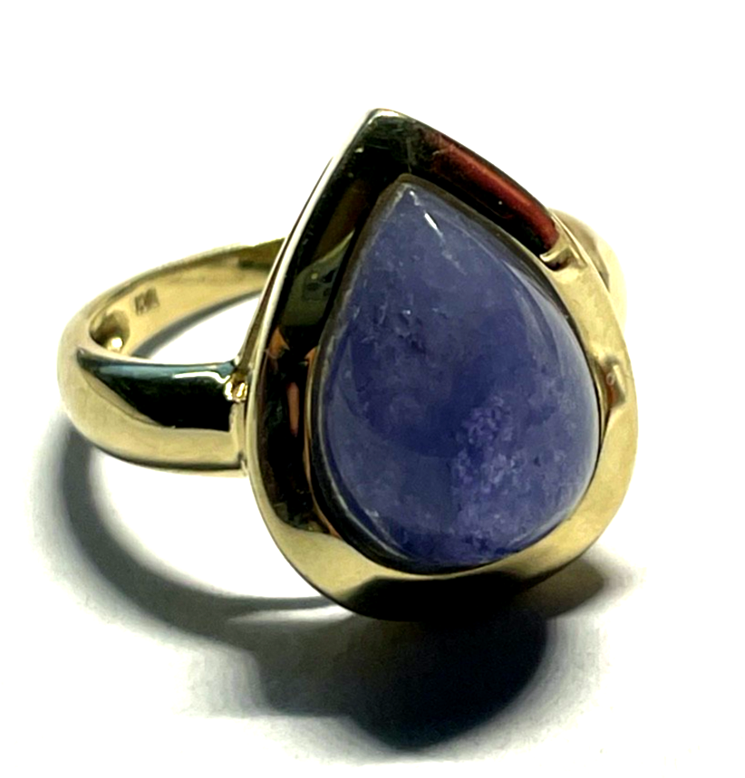 Massiver 585 Gold 14 K BCI Ring blauer Chalcedon Cabochon Tropfen RG 57 Ø 18 mm7