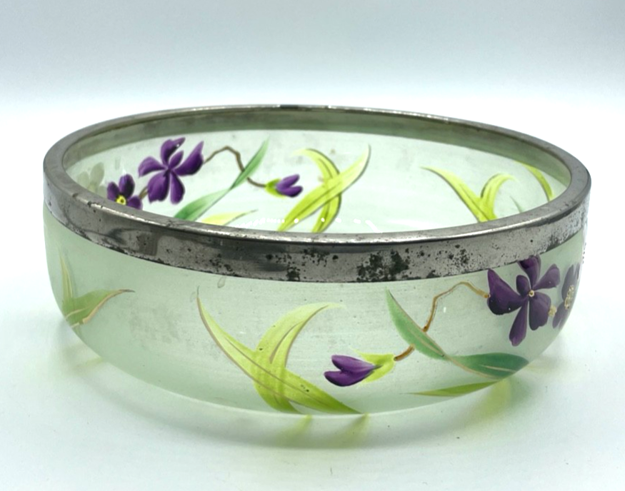 Jugendstil antik Glas Schüssel Anbieten Schale handbemalt Blumen Dekor6