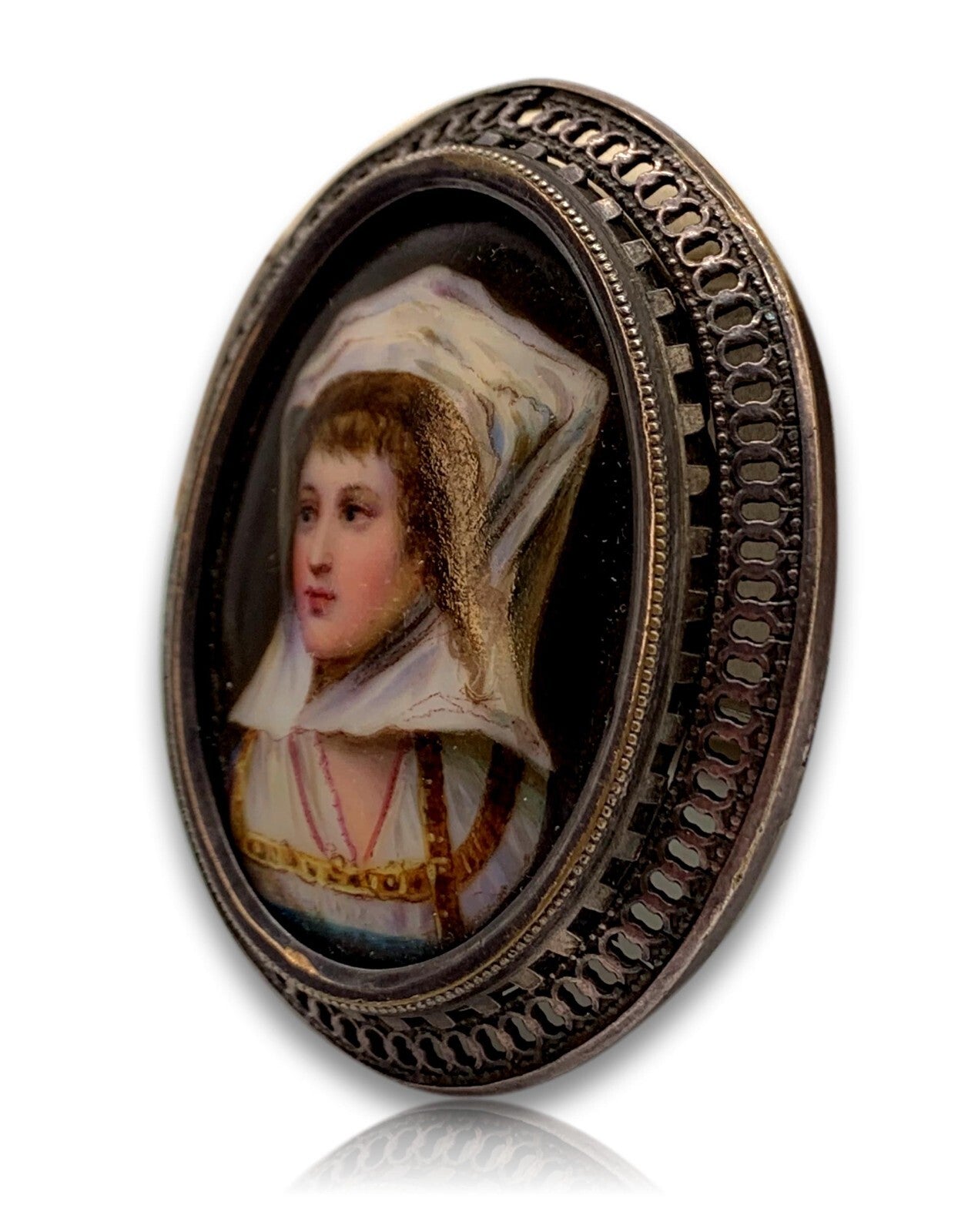 Anhänger - Brosche - Silber - Miniatur  Lupenmalerei um 1830 - Junge Frau Tracht1
