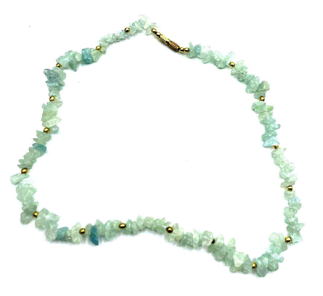 Vintage Aquamarin Edelstein Kette Collier Splitterkette Handarbeit L 44 cm gepfl3