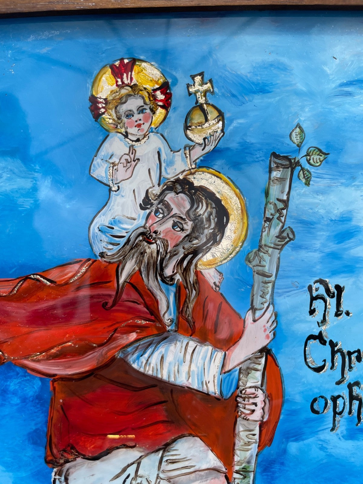 Große Hinterglasmalerei Hinterglasbild Schutzpatron Hl. Christophorus  gerahmt3