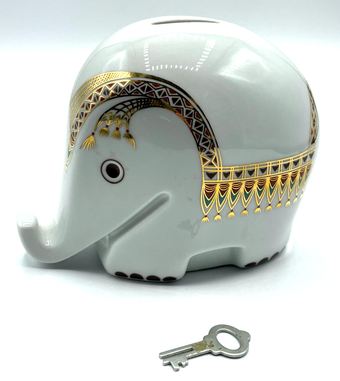 Vintage Höchst Porzellan Spardose Elefant dekoratives Dekor + Schlüssel H 12cm0