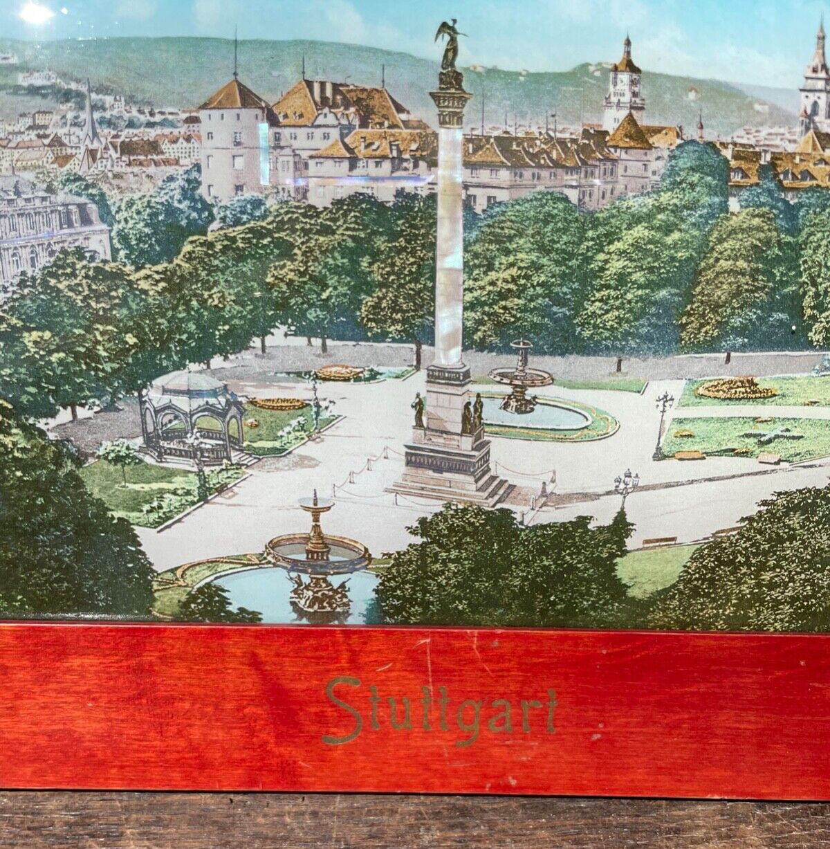Jugendstil gr Souvenir Bild Stuttgart gerahmt Perlmutt Reiseandenken 1900 L 48cm3