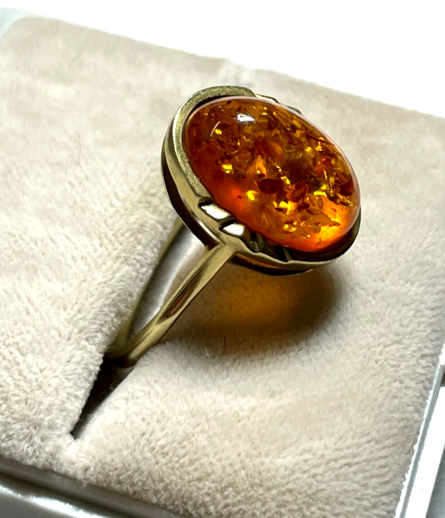Vintage wunderschöner 375 Gold 9K Ring Bernstein Cabochon Ø 19 mm RG 60 Juwelier0