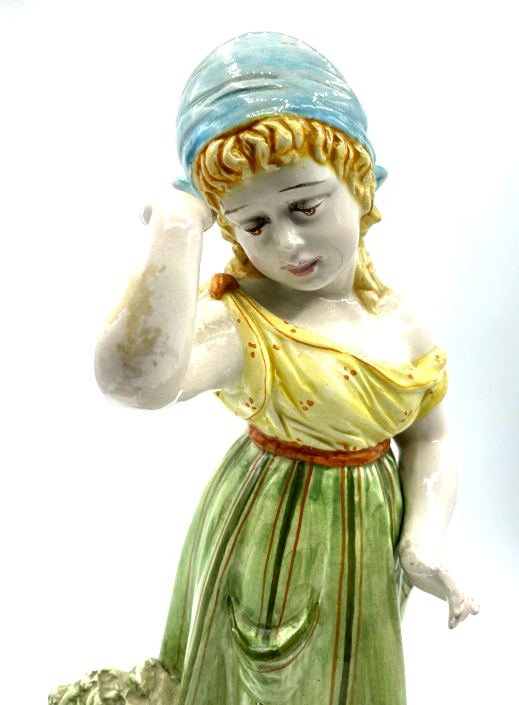 Antik große Porzellan Figur handbemalt aus Italien H 31,5 cm Mädchen Obstkorb1