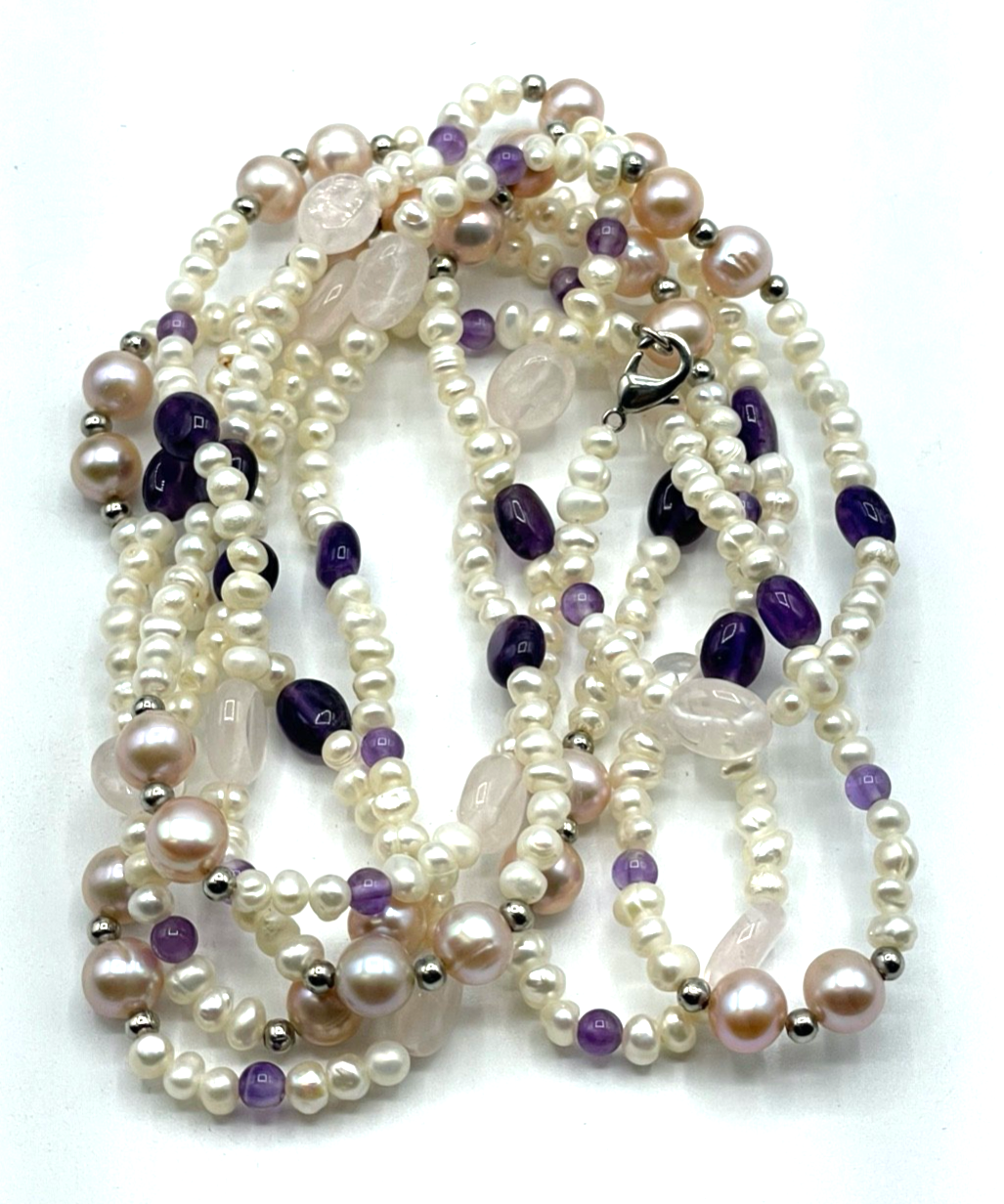 Gemischte Edelstein Kette 925 Silber Elemente + SWZ Perlen L 165 cm lang gepfl.3