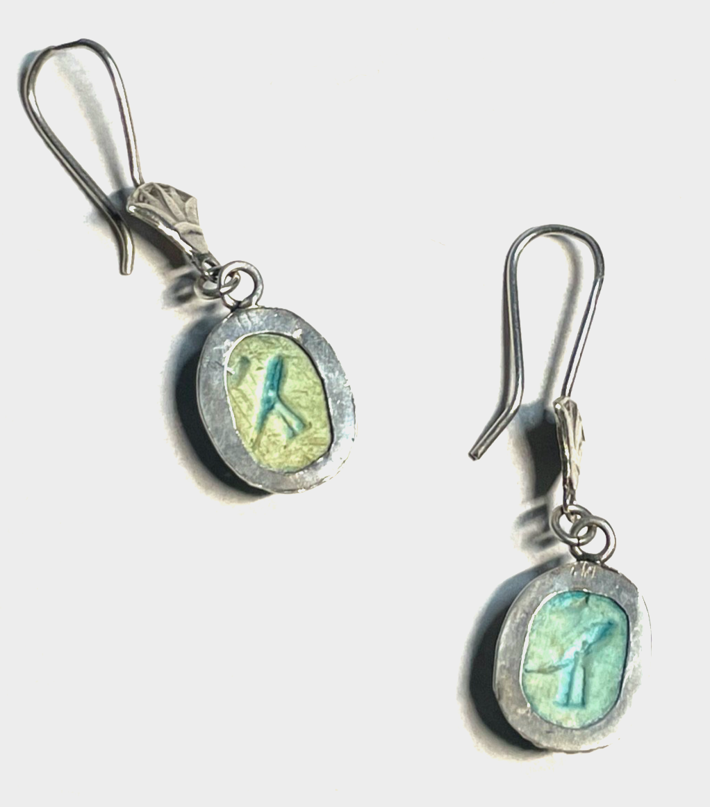 Vintage handgefertigte 925 Silber Ohrhänger Skarabäus mit Kartusche + Lotusblüte3