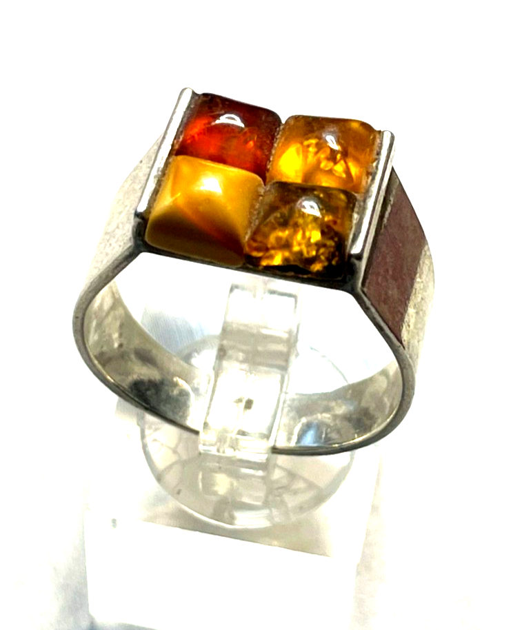 Aparter 925 Silber Ring Handarbeit 4 Bernstein Cabochon RG 65 Ø 20,6 unisex7