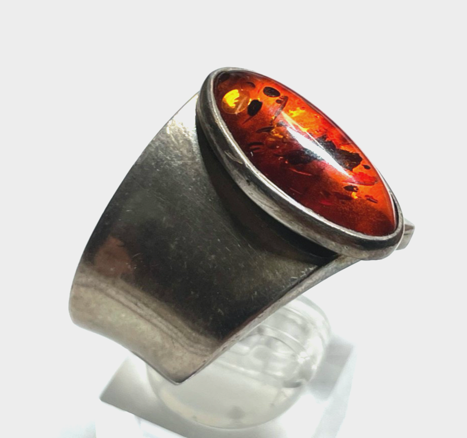 Aparter 925 Silber Design Ring Handarbeit Bernstein Cabochon offene Schiene1