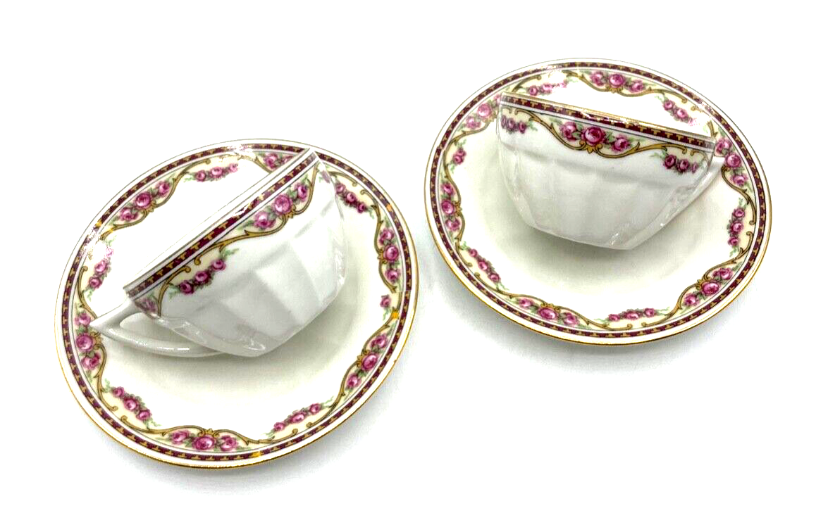 2x antik Porzellan Tasse + Unterteller Lamotte France Motiv Rose Ranke 30erJ rar4