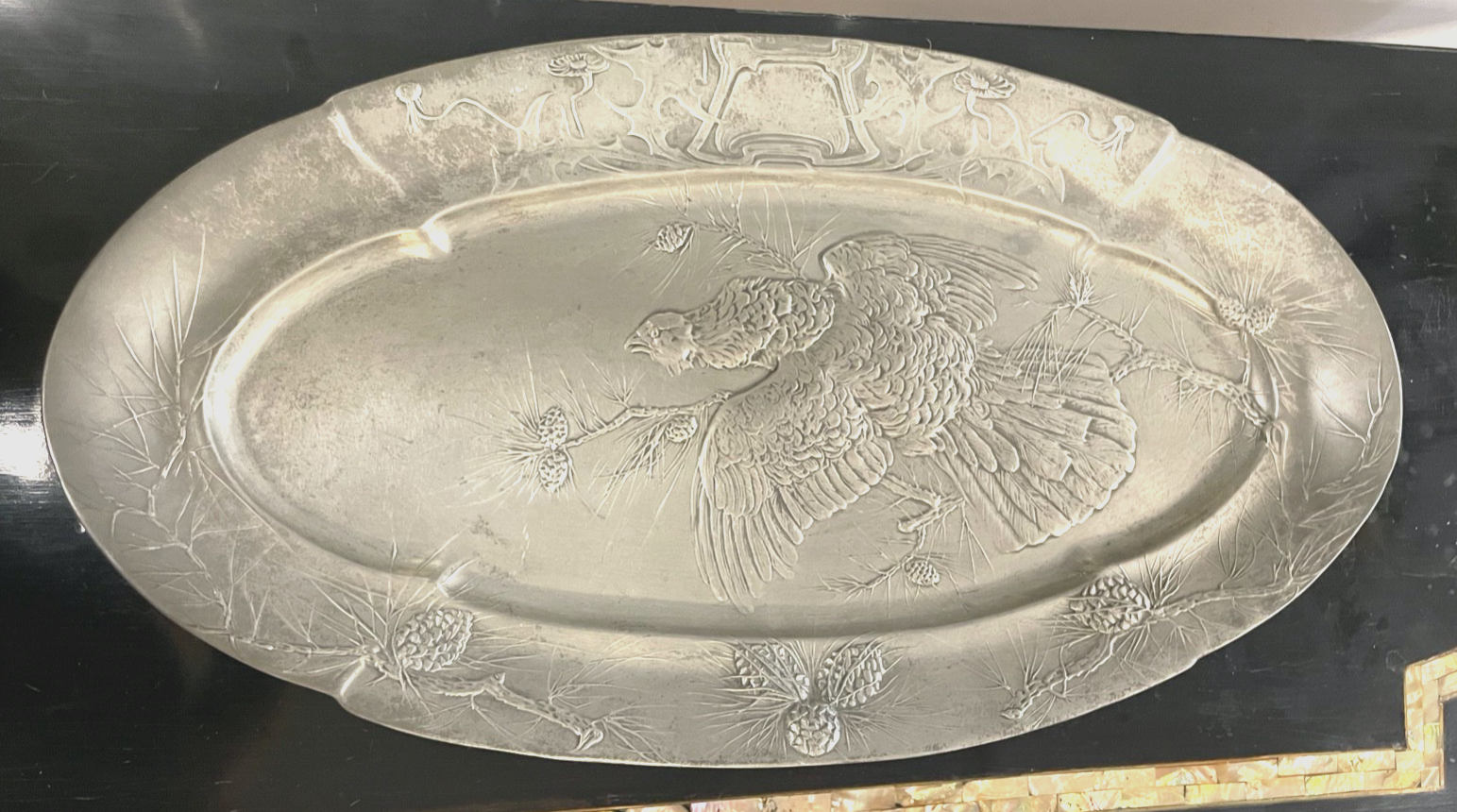 Vintage große ovale Platte  Jugendstil B&G Imperial Zinn Dekor Auerhahn L 52 cm0