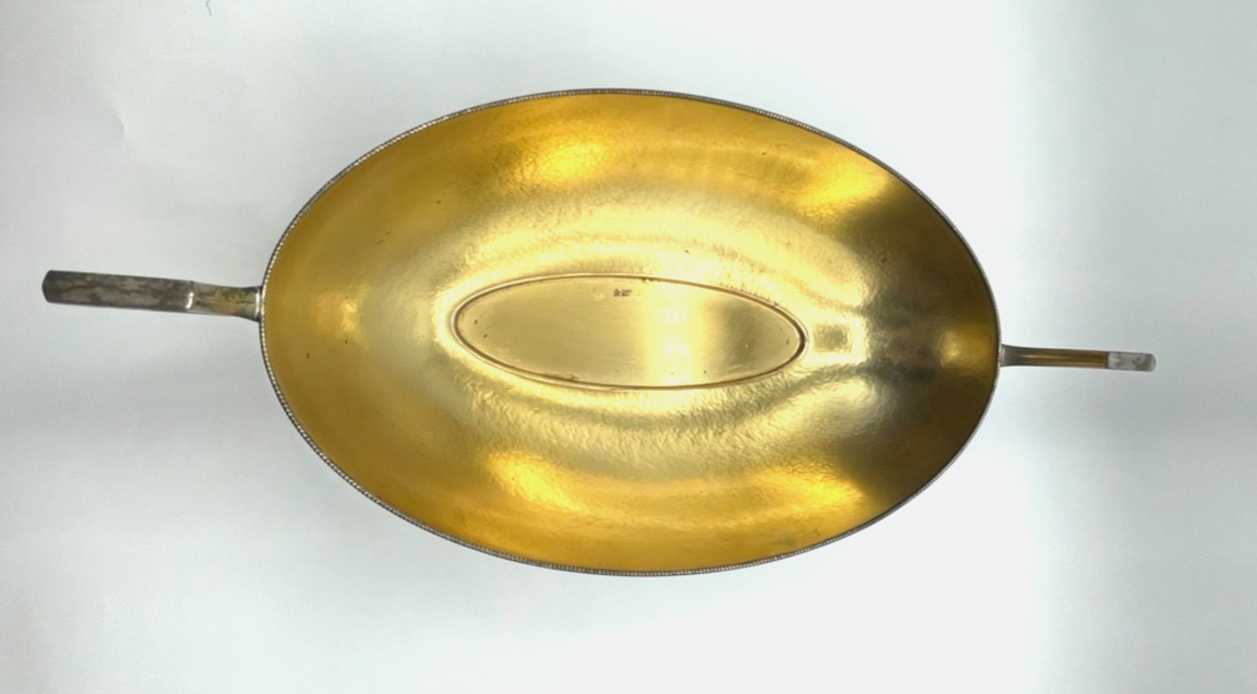 Jugendstil WMF dekorative Anbietschale auf Fuß Hammerschlag Dekor Straussenmarke4