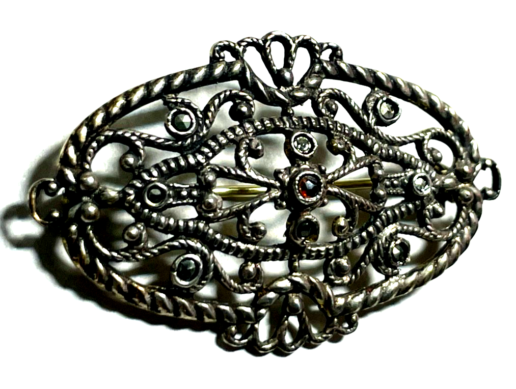 Antik sehr elegante Durchbruch Dekor Brosche Silber Granat +  Markasit 20erJ5
