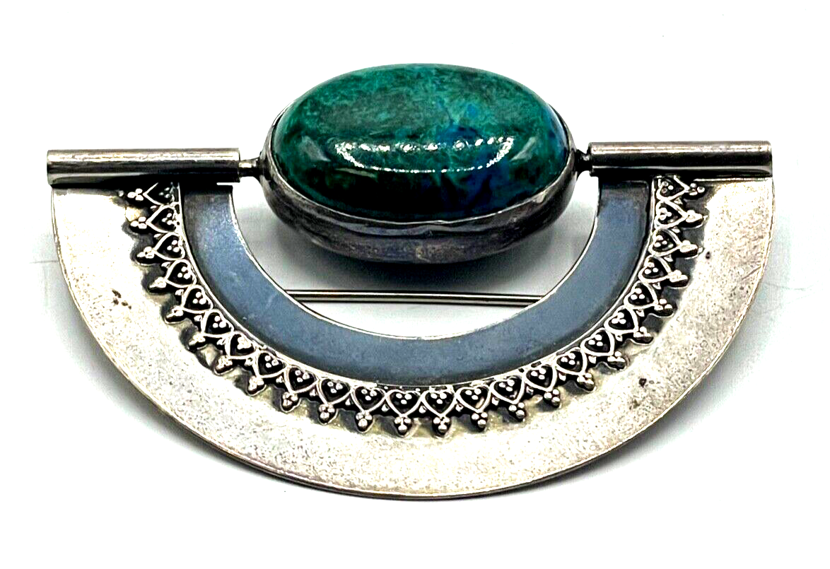 Stattliche 925 Silber solide Brosche mit Türkis + Hämatit Wendenadel Handarbeit5