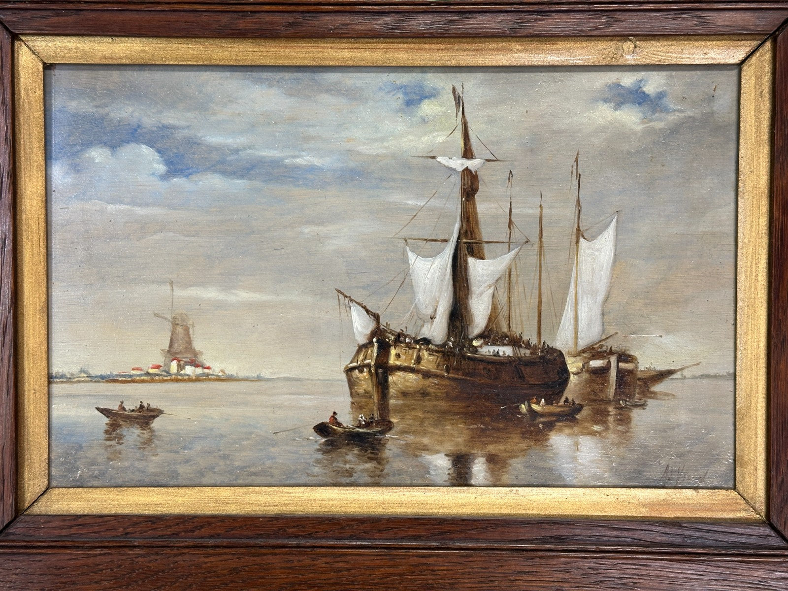 Stimmungsvolle Marine – Öl auf Holz – niederländische Schule – signiert - 19/20.1